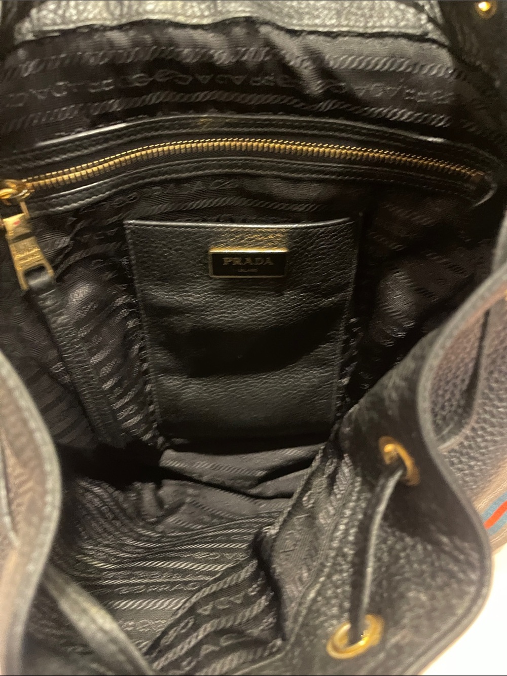 Prada Black Pebbled Leather Drawstring Backpack with Gold Hardware - Picture 3 of 6